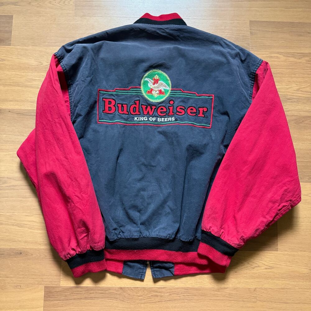 Vintage 90's Swingster Budweiser King of Beers Black Red Zip Bomber Jacket Sz M